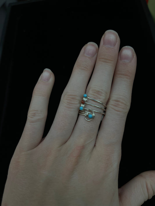 Adjustable Turquoise and Red Coral Heart Ring by Hazel Pablito, Navajo