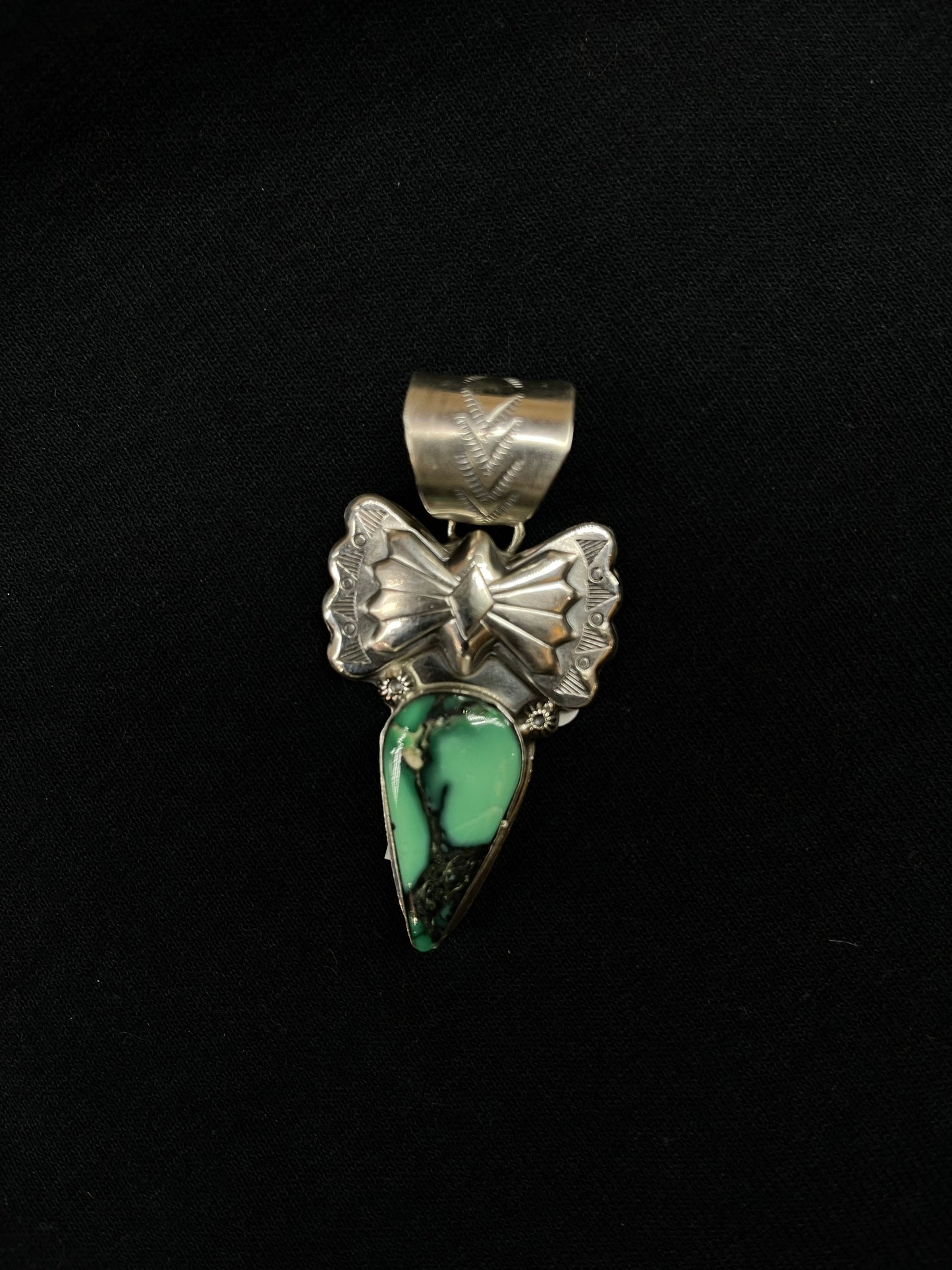 Emerald Rose Turquoise Teardrop Bow Pendant with a 12mm Bale by Ned Nez, Navajo