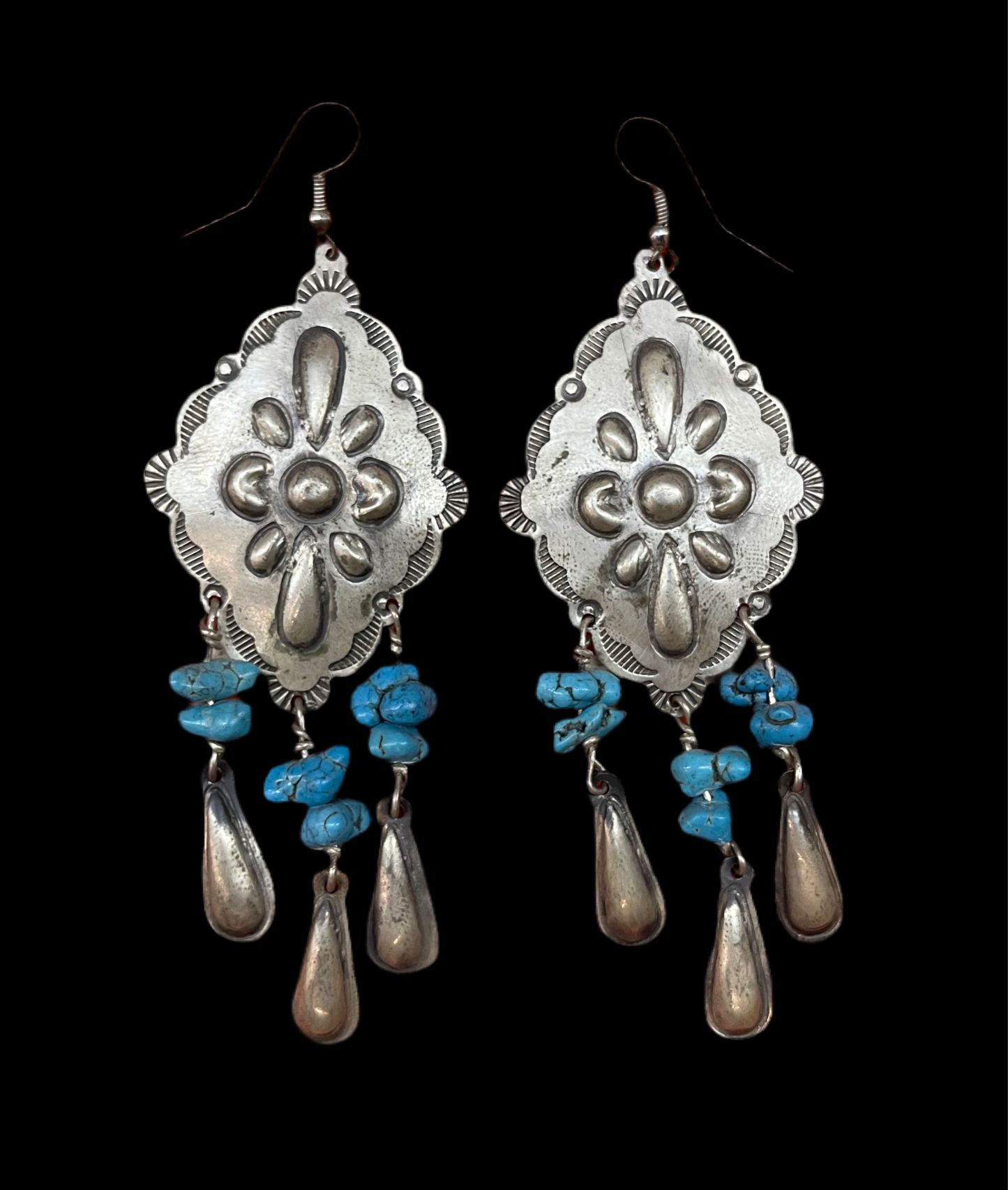 Kingman Turquoise Nugget Stamped Concho Dangle Earrings