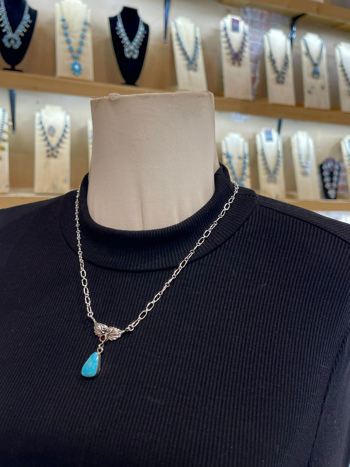 20" Turquoise with Garnet Necklace by Mike Smith, Navajo