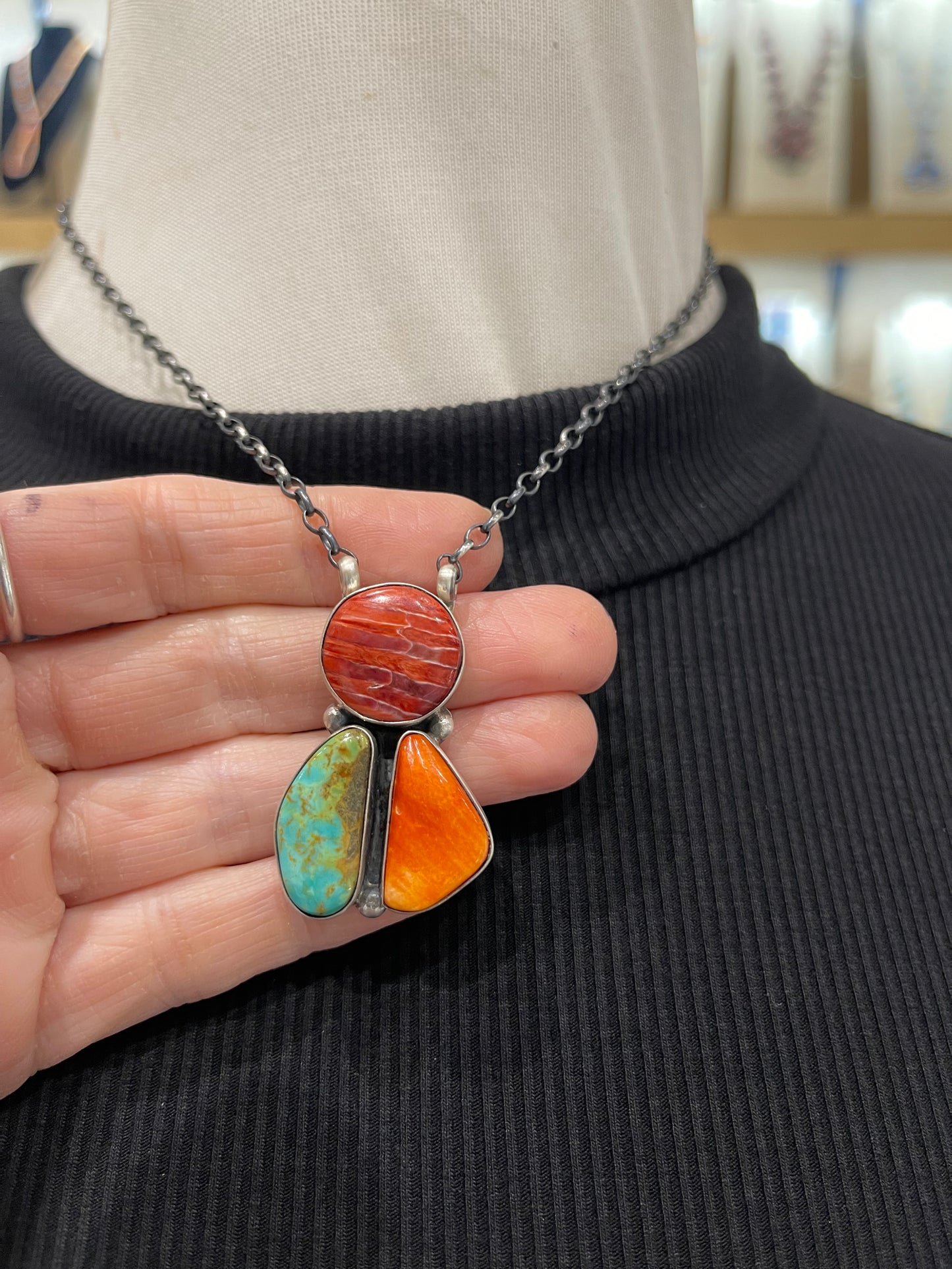 16" Multi-Colored 3 Stone Cluster Necklace by Donovan Skeet, Navajo