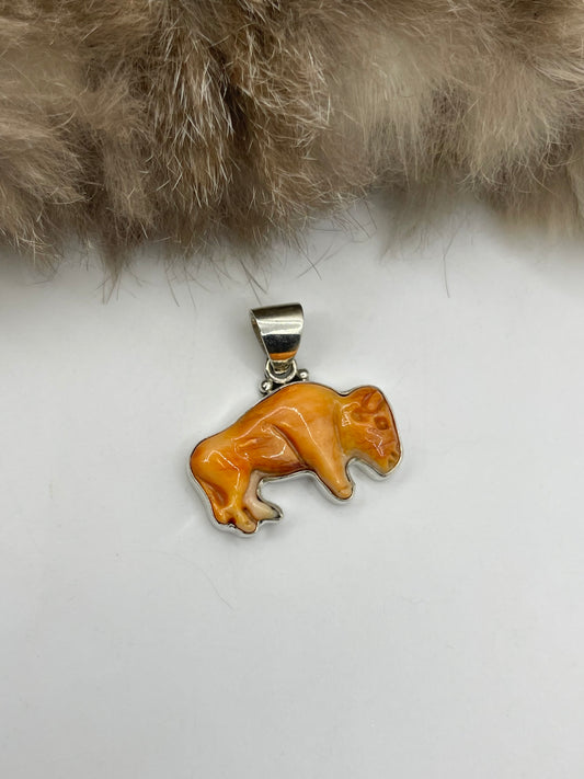 6.5mm Bail Orange Spiny Oyster Carved Buffalo Pendant
