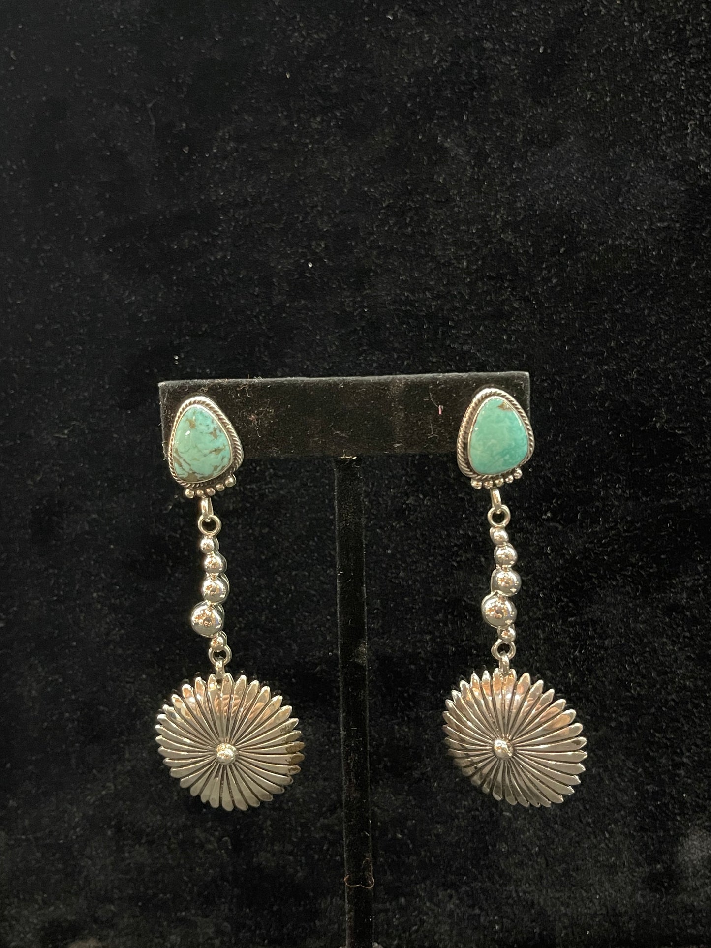 Turquoise Concho Post Dangle Earrings by Sheena Jack, Navajo