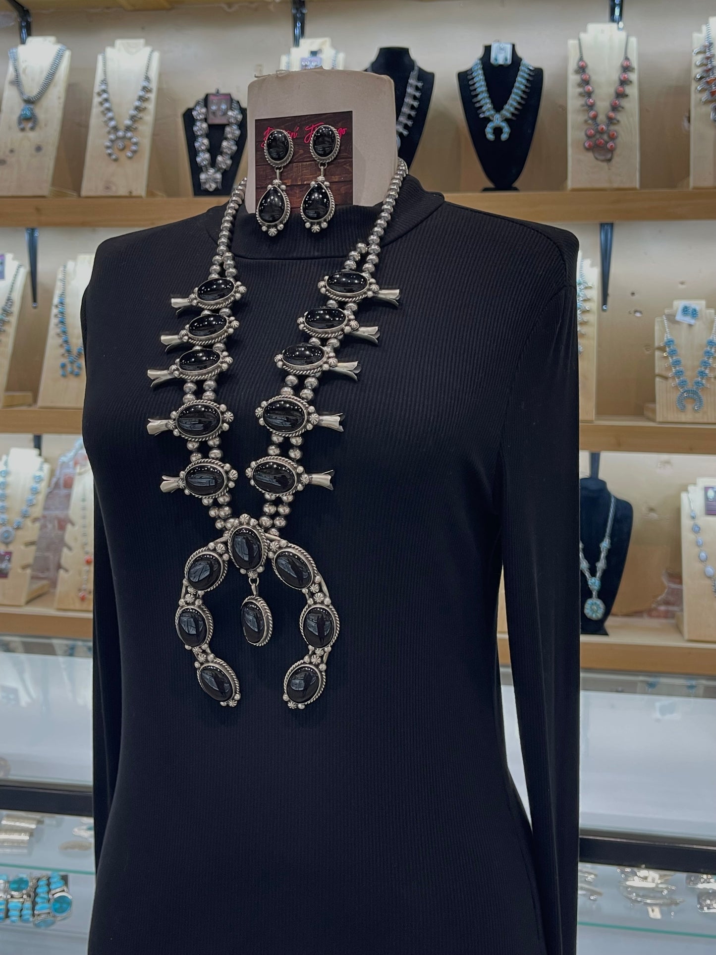 30" Black Onyx Squash Blossom & Earring Set by Augustine Largo, Navajo