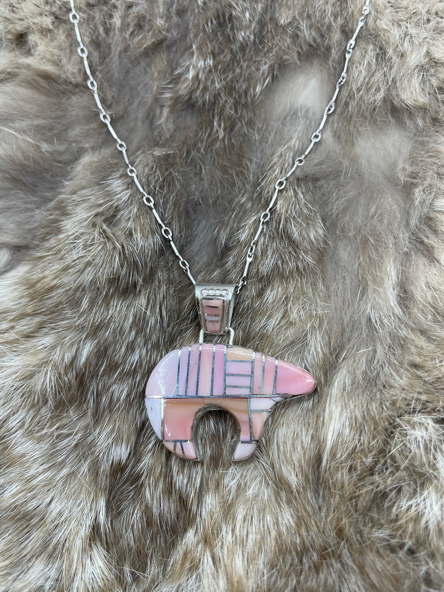 20" Pink Conch Shell Inlay Bear Necklace by Carl Adaakie, Zuni