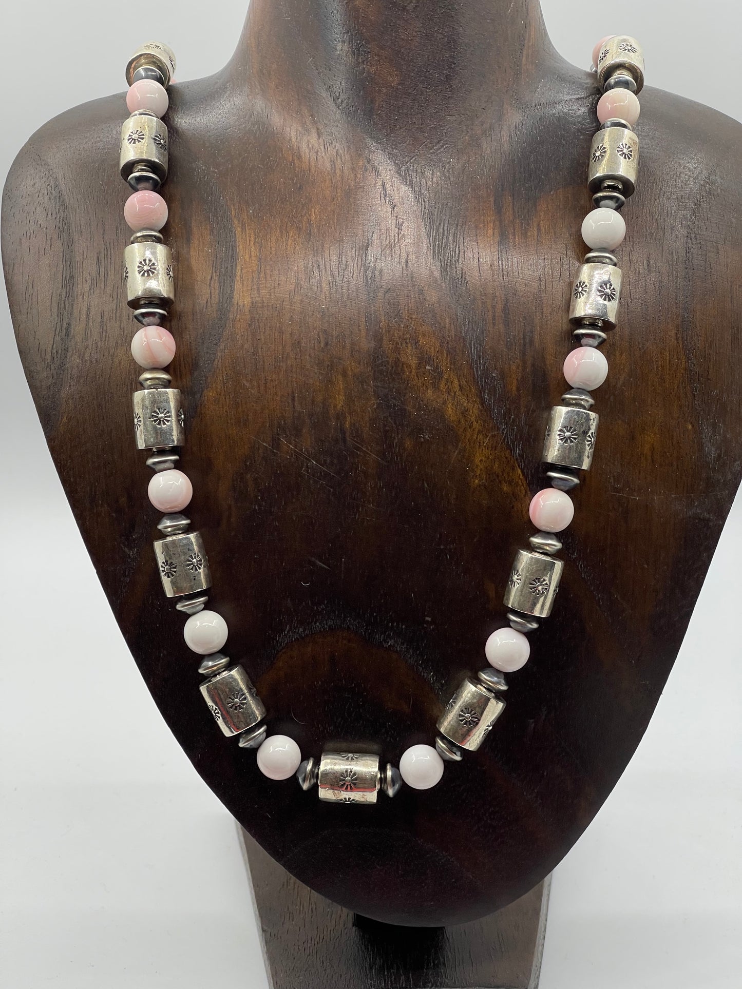 30" Pink Conch Shell and Stamped Barrel Beads
