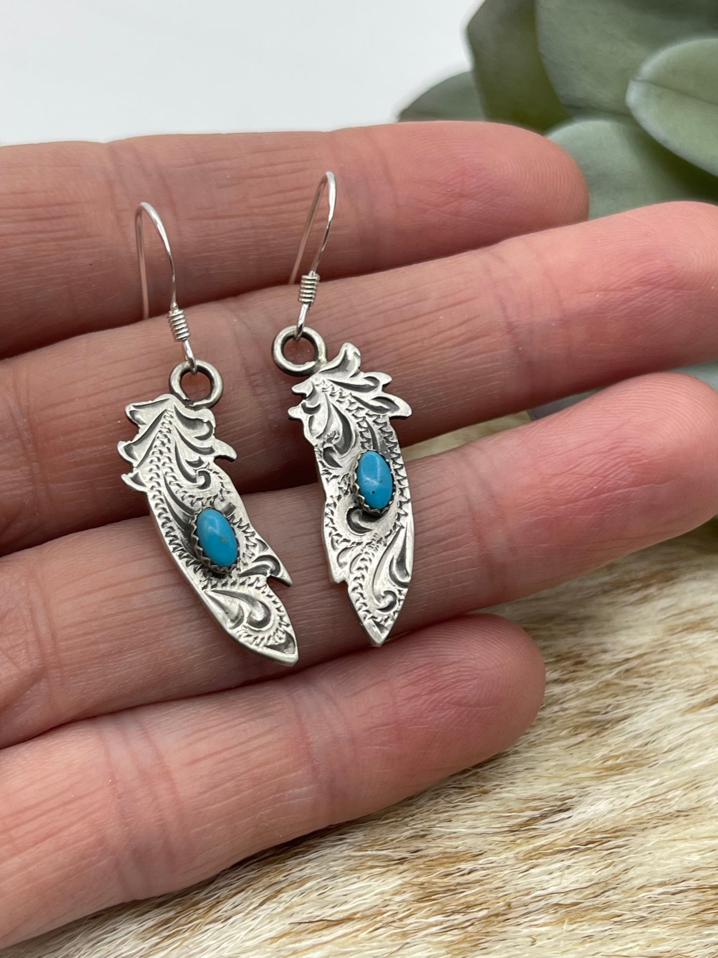Engraved Feather with Turquoise Earrings by Sonyei Coho, Navajo