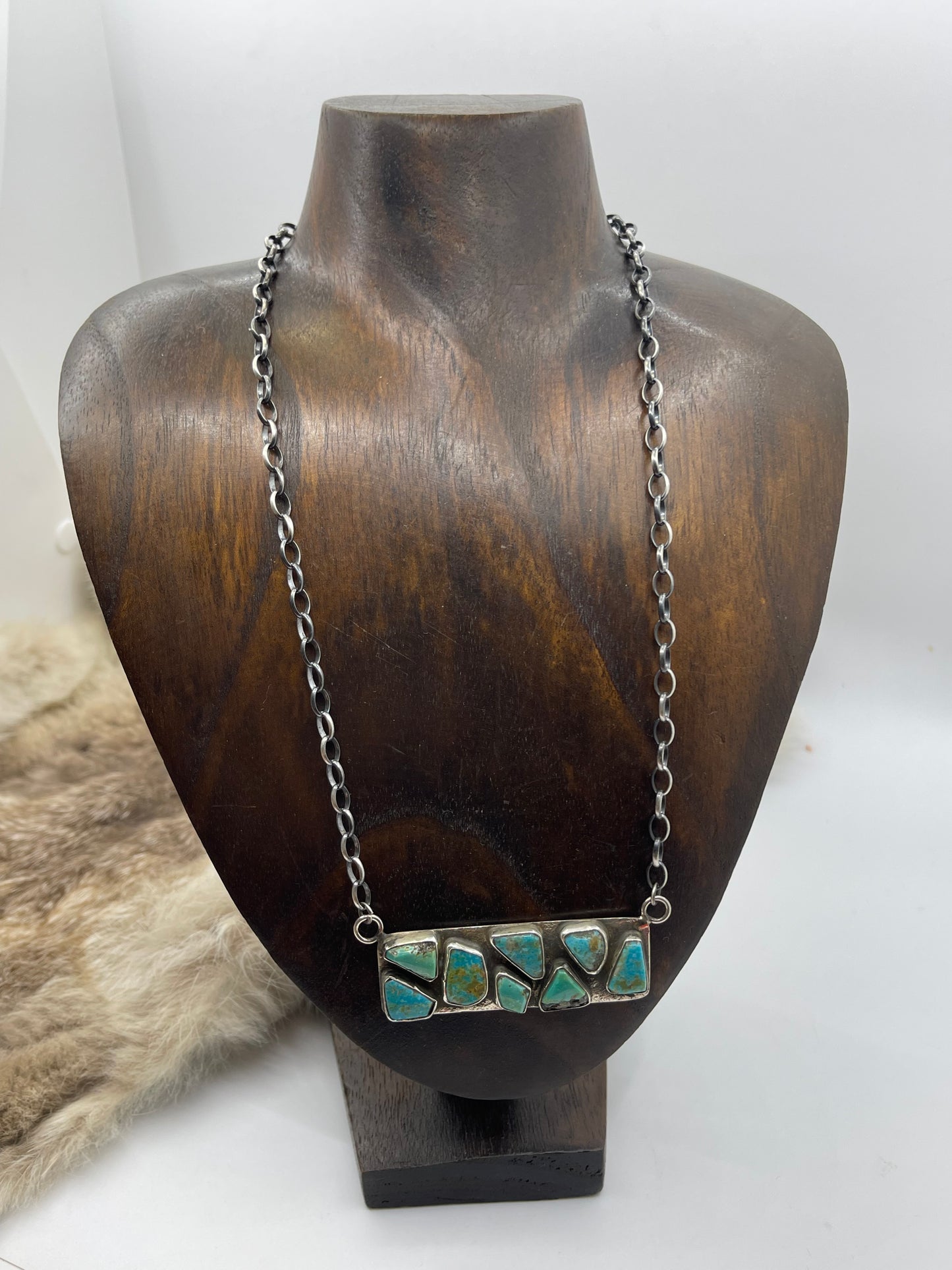 18" 8 Stone Turquoise Bar Necklace by Jade Candelaria, Zuni