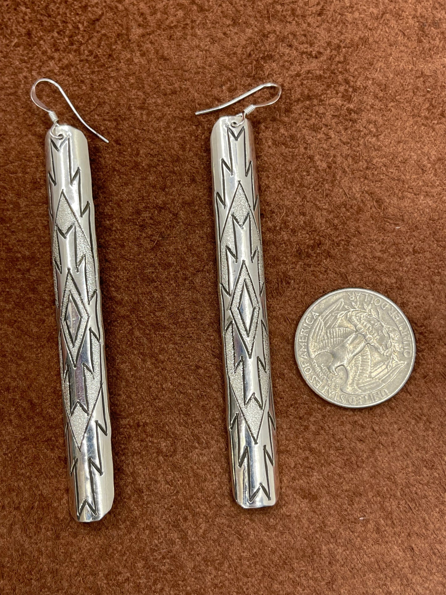 3 1/2" Stamped Silver Long Dangle Earrings by Leny Silversmith, Navajo