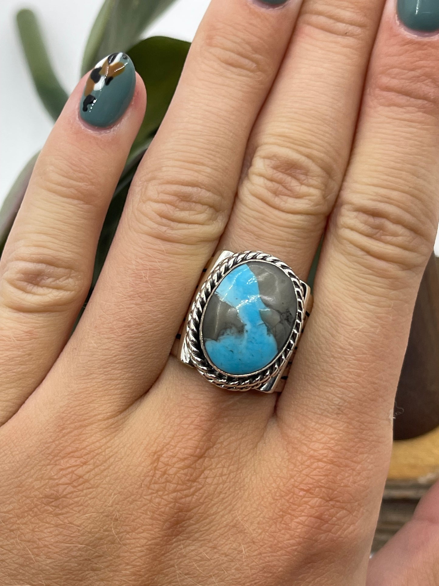 8.0 Kingman Turquoise Oval Ring by Bucky Belin, Navajo
