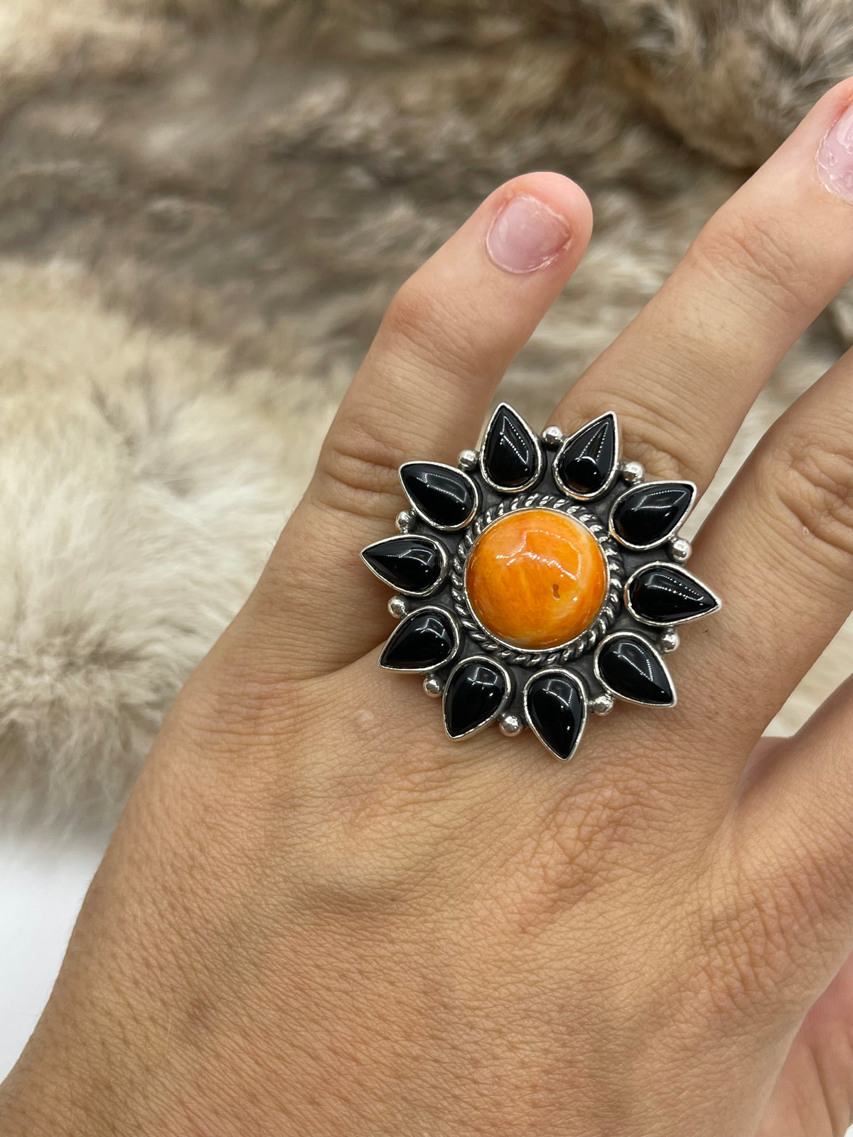 8.0 Black Onyx & Orange Spiny Cluster Ring