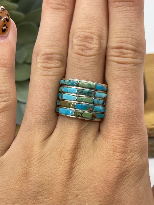 6.5 5 Row Inlay Turquoise Ring by Jamie Johnson, Navajo