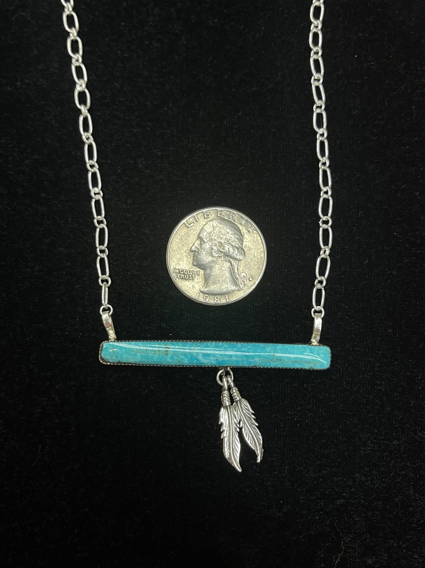 18" Turquoise Bar Necklace with Feathers by Angie Platero, Navajo