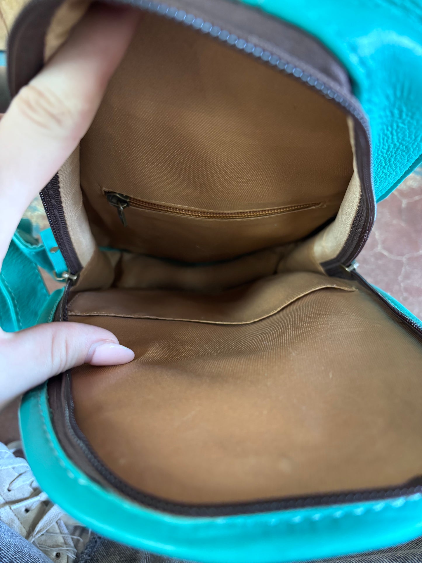 Turquoise Leather Brown And White Cowhide Tooled Sling Bag/Purse