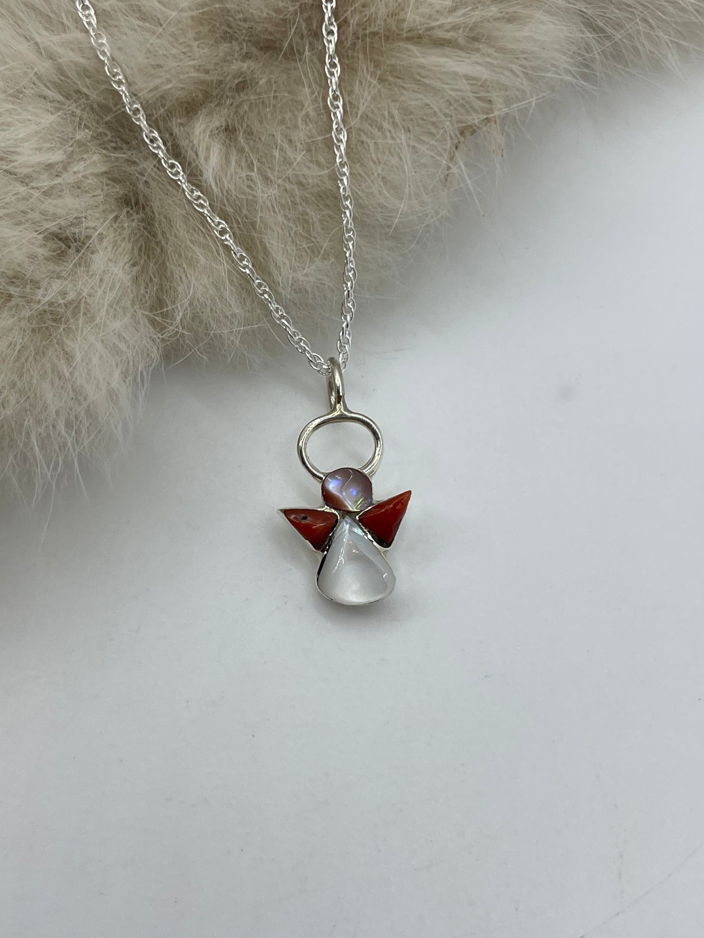 16" Chain with Coral Angel Pendant Necklace by Claudia Maritza, Zuni