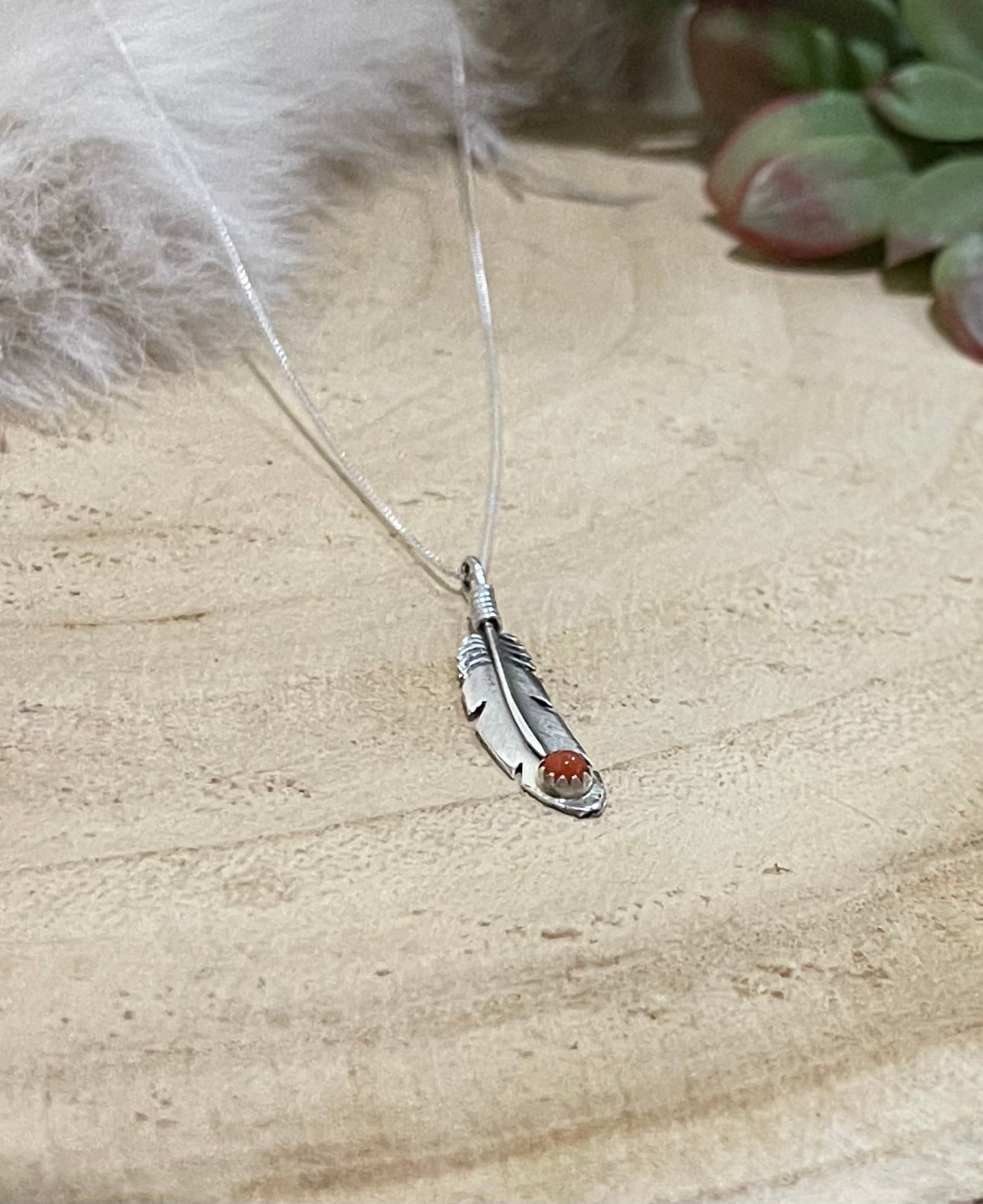 20" Feather Pendant with Coral Stone by Louise Joe, Navajo