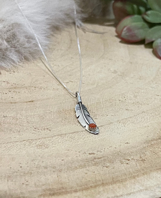 20" Feather Pendant with Coral Stone by Louise Joe, Navajo