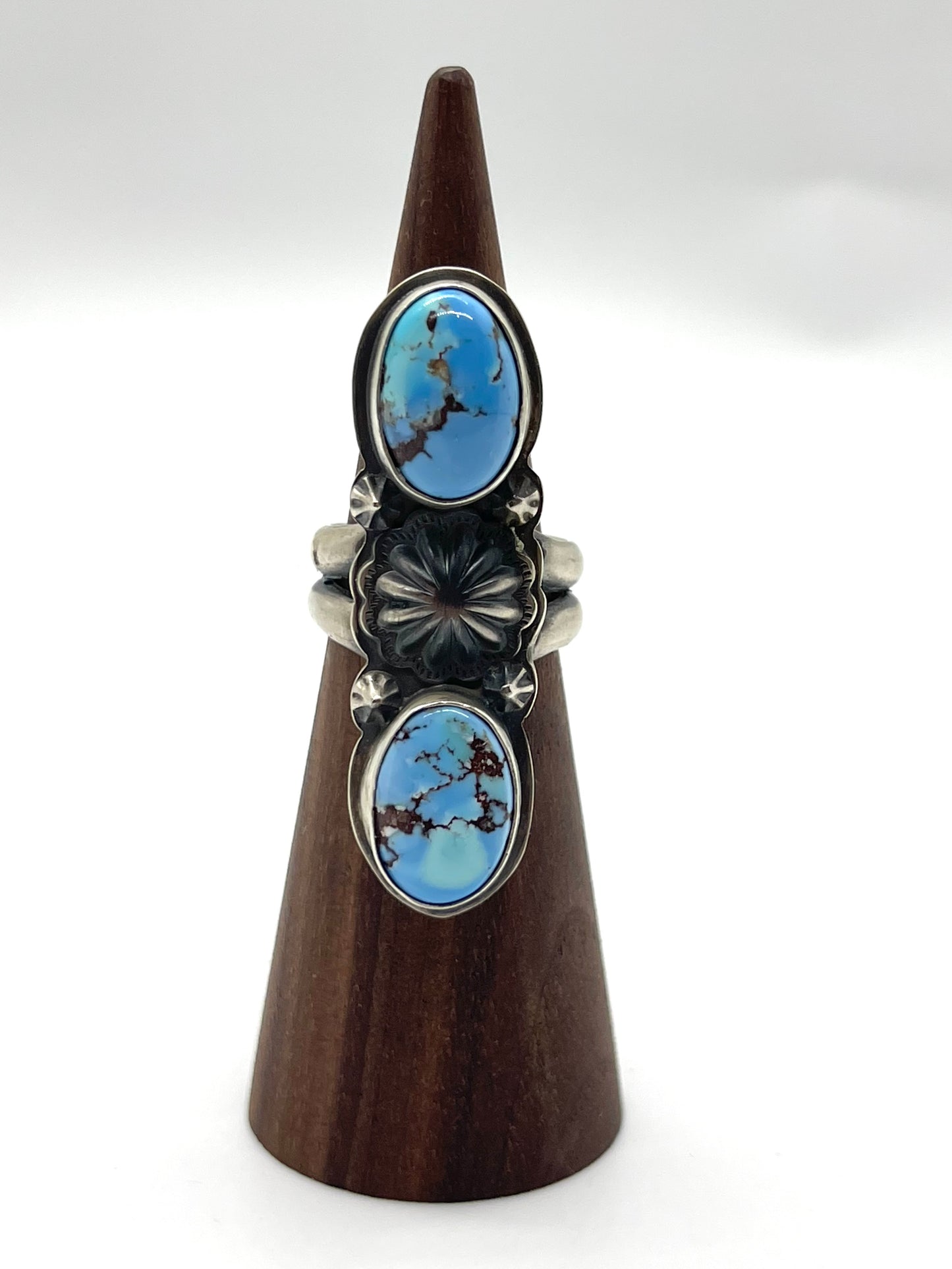 6.5 Golden Hills Turquoise 2 Stone Ring by Calvin Delgarito, Navajo431477