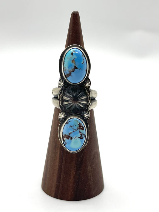 6.5 Golden Hills Turquoise 2 Stone Ring by Calvin Delgarito, Navajo431477