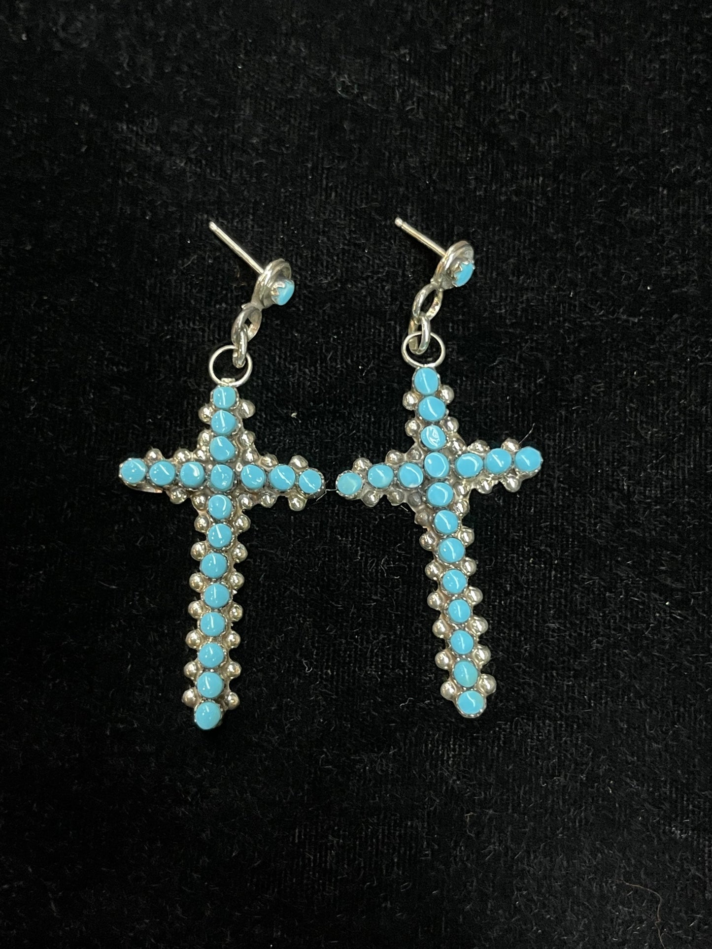 Turquoise Cross Dangle Earrings by Marion Quam, Zuni