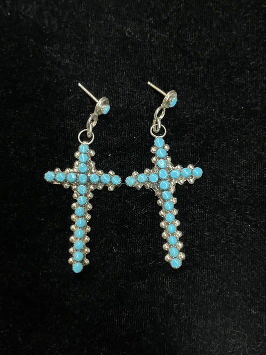 Turquoise Cross Dangle Earrings by Marion Quam, Zuni