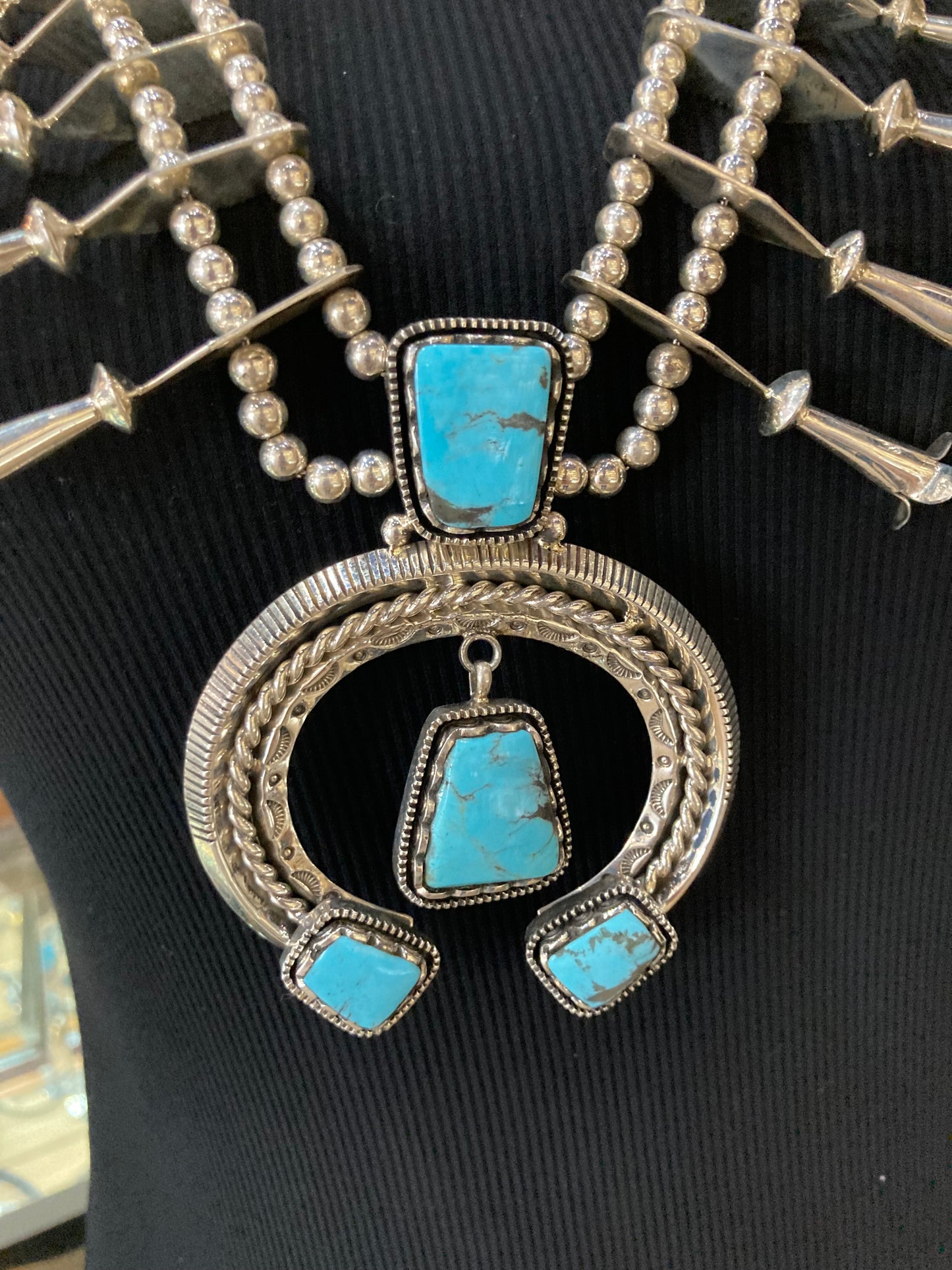 24" Blue Turquoise High Shine Squash Blossom by Emerson Delgarito, Navajo
