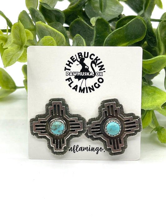 Zia Symbol Earrings with Turquoise Stone Earring Robinson Martinez, Navajo