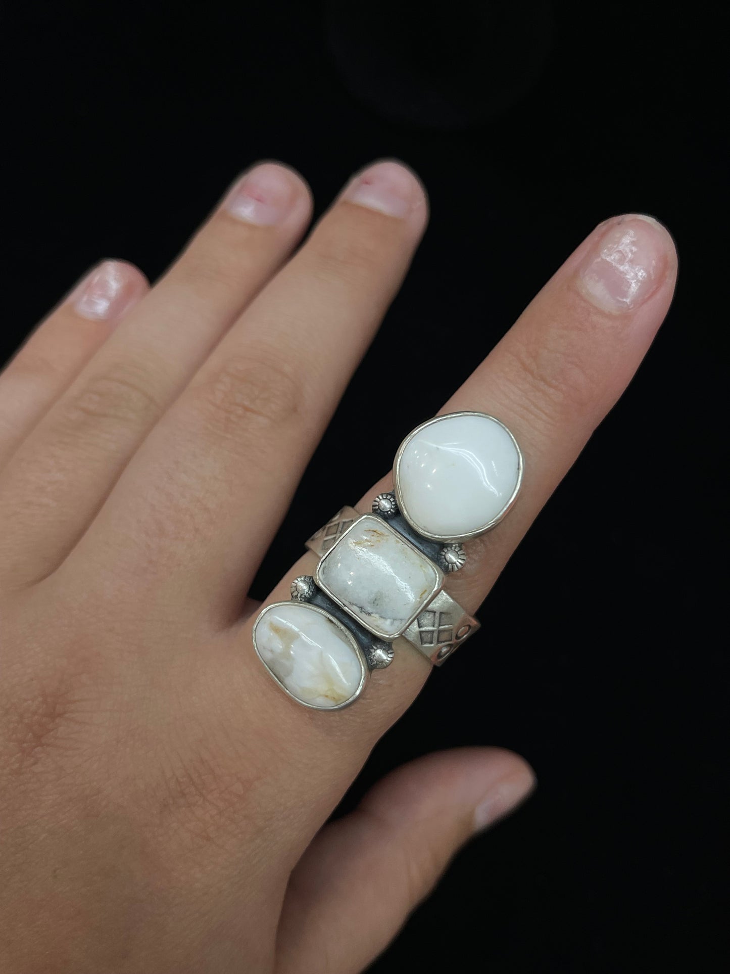 Adjustable 3 Stone White Buffalo Ring