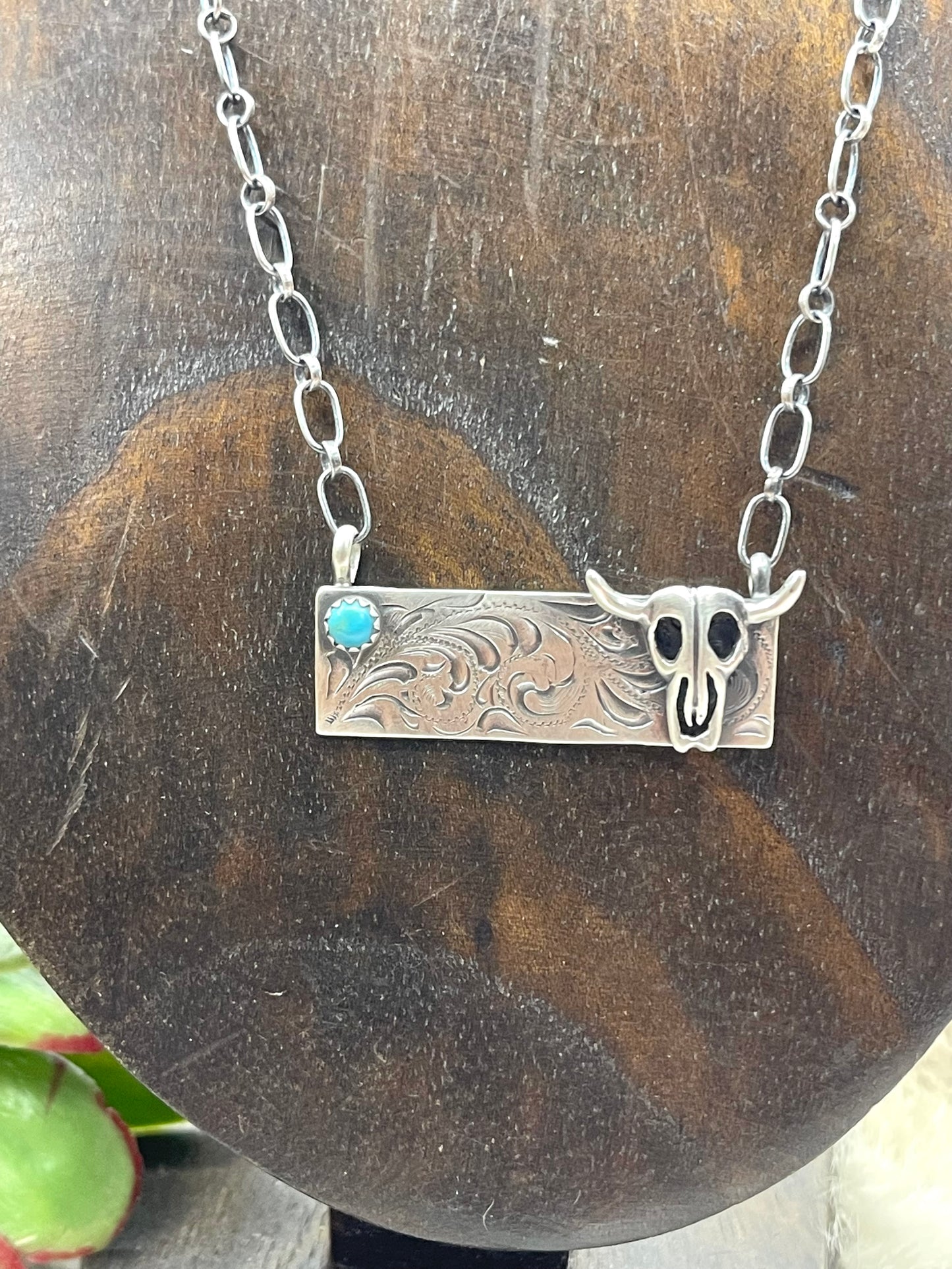 18" Engraved Turquoise Skull Bar Necklace by Annette Martinez, Navajo