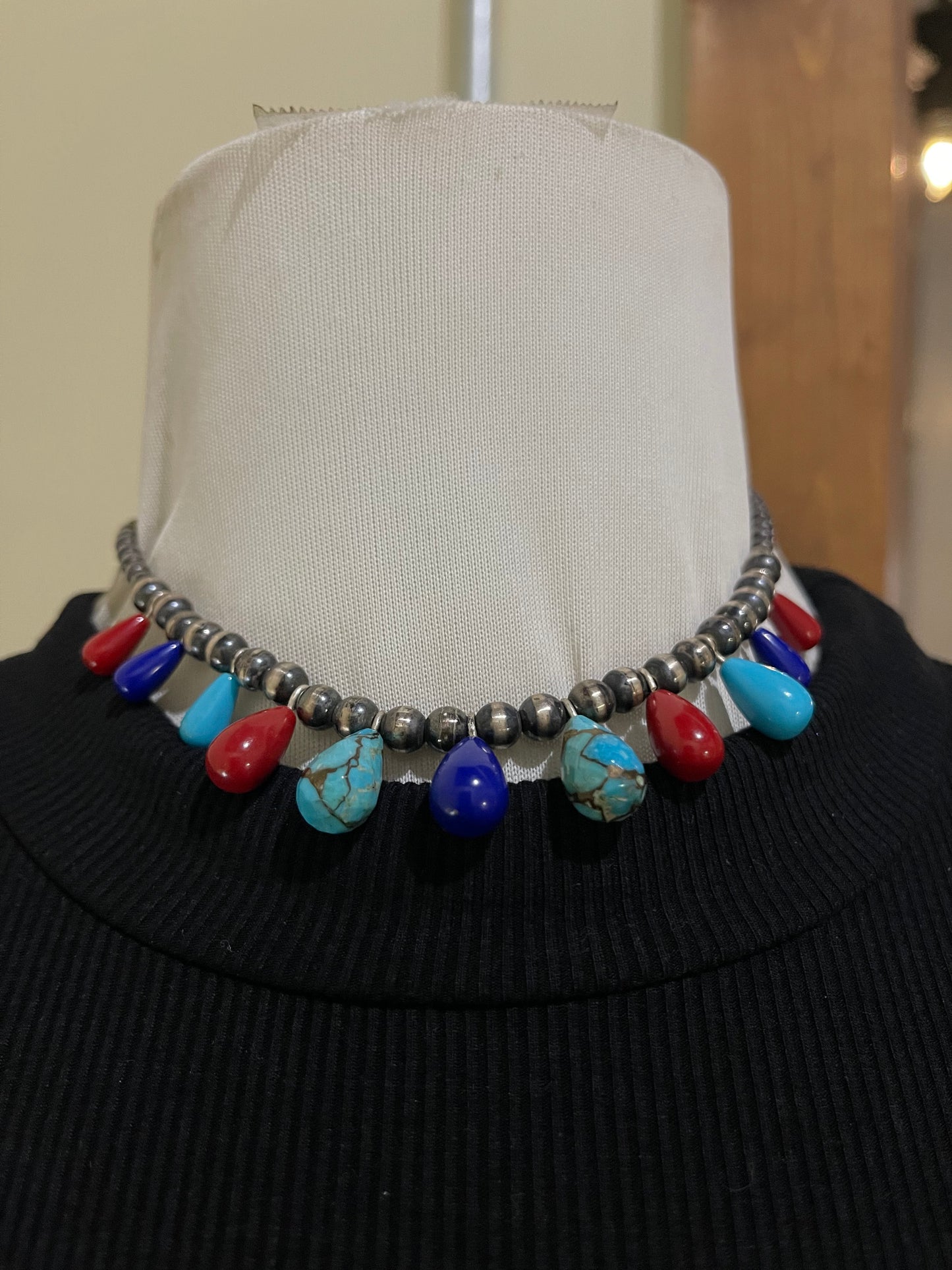 14" 4-6mm Turquoise, Coral, and Lapis Teardrop Navajo Pearls Necklace