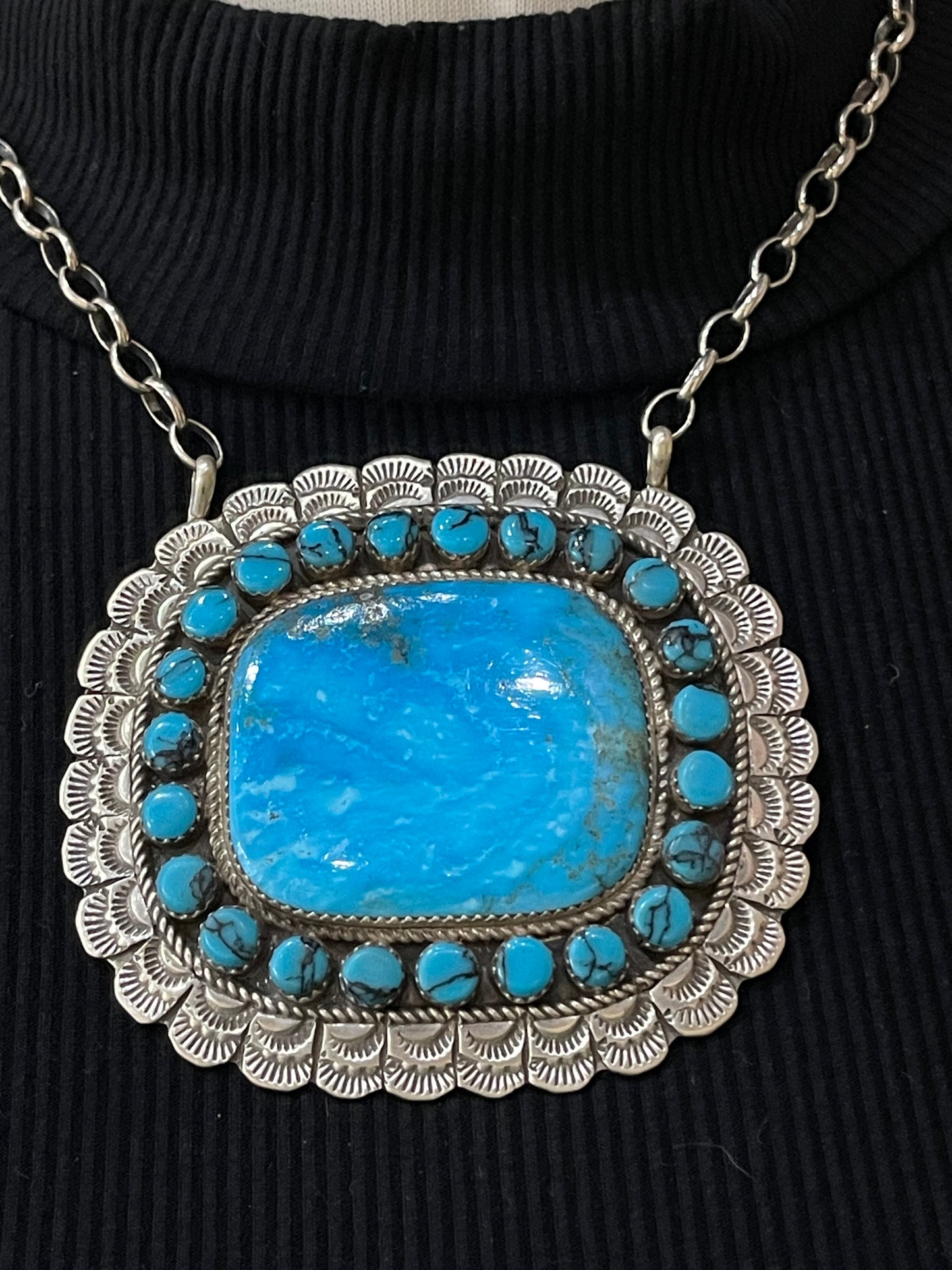 16" Large Square Kingman Turquoise Cluster Necklace by Larry Etsitty, Navajo