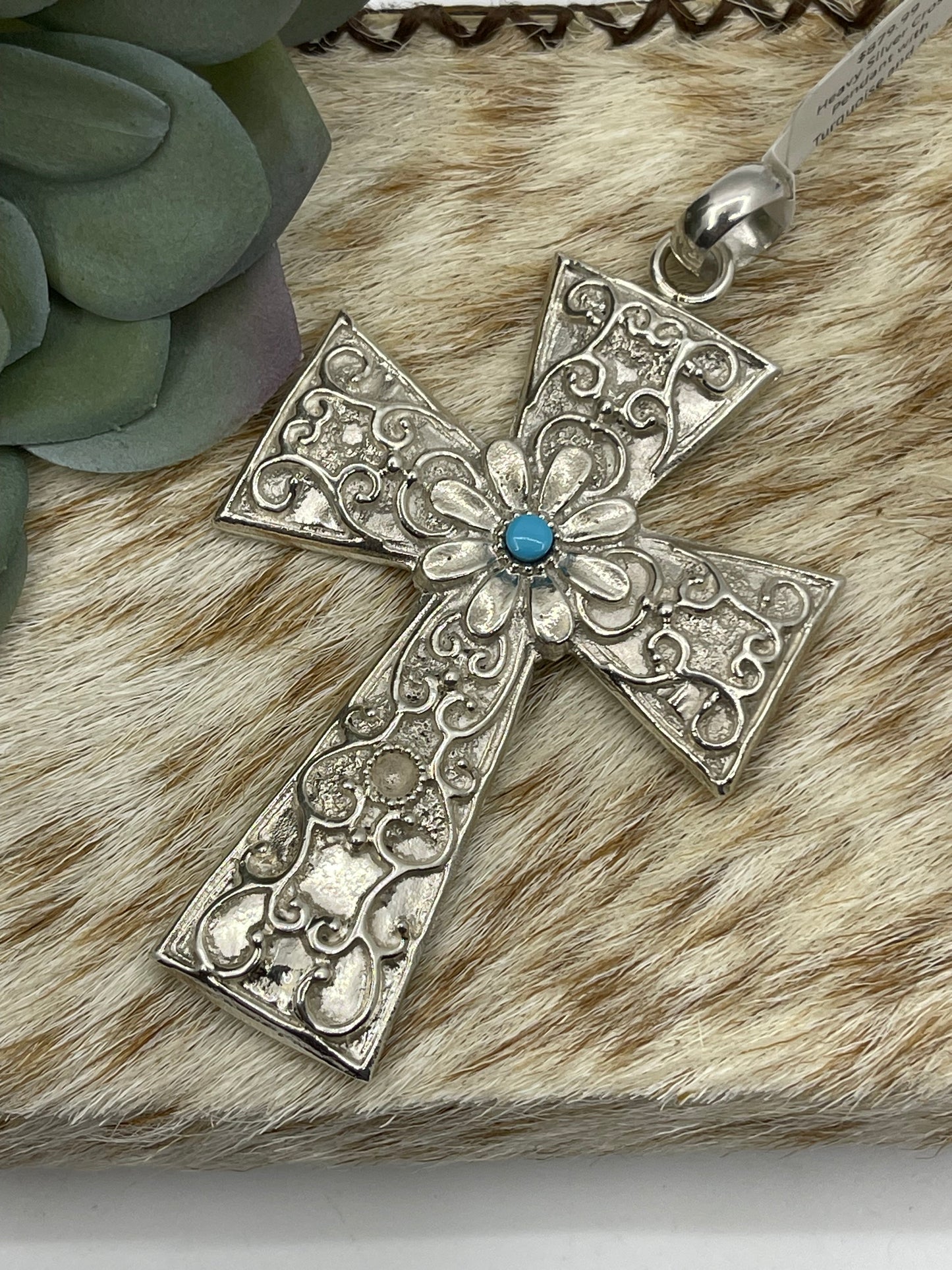 Heavy Silver Cross Pendant with Turquoise and a 10mm Bale by Virick Laweka, Zuni