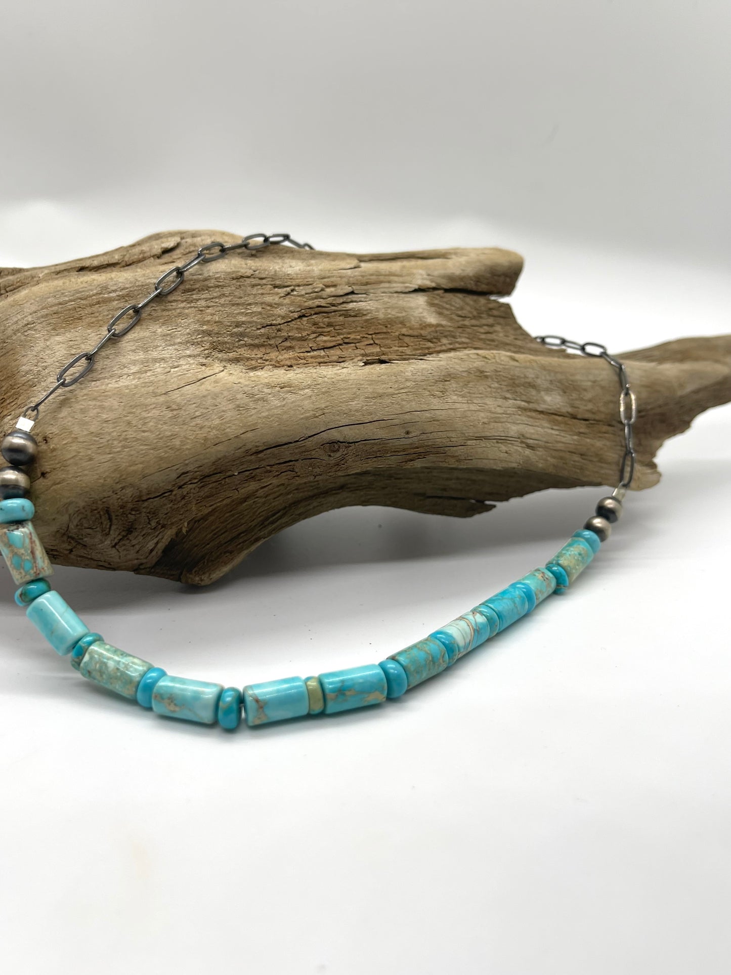 18" Turquoise Barrel Beads and Navajo Style Pearl Necklace
