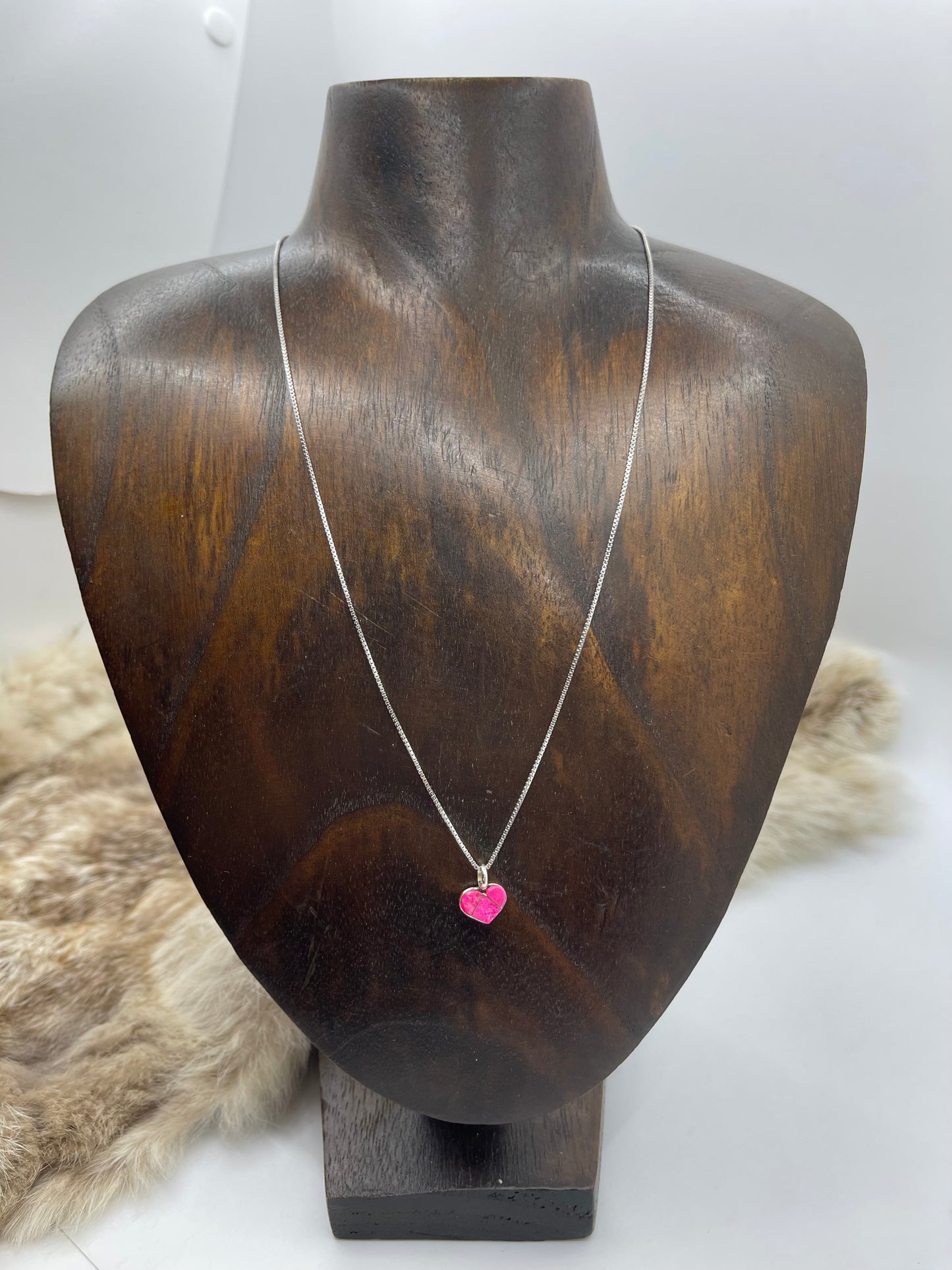 18" Necklace with Hot Pink Inlay Opal Heart Pendant by Linda Chavez, Navajo