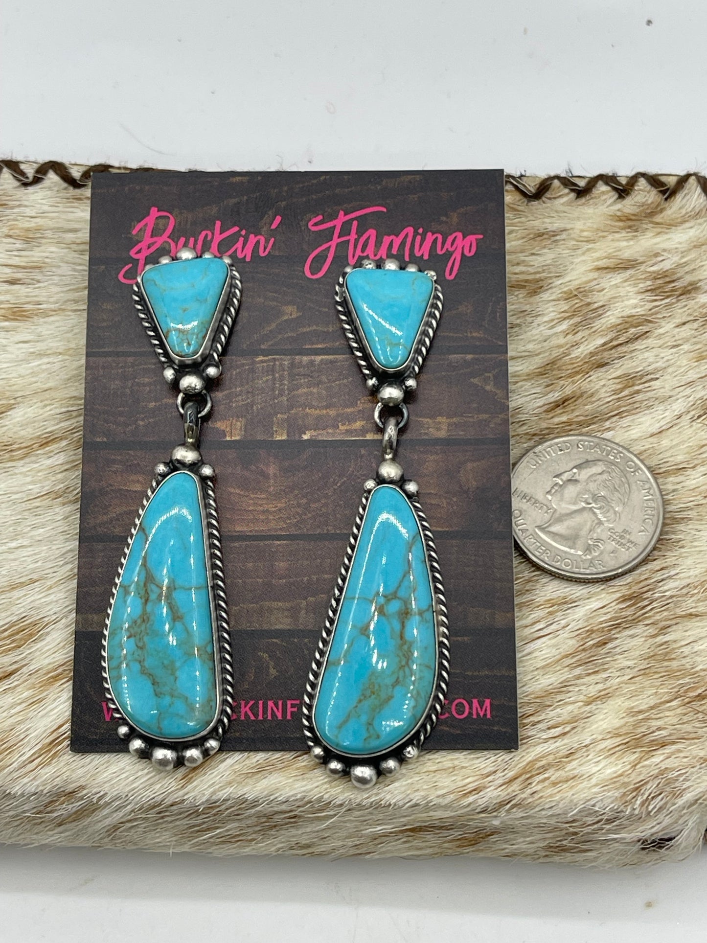 2 Stone Blue Kingman Turquoise Post Dangle Earrings by Elouise Kee, Navajo