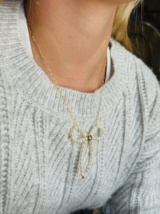 Fresh Water Pearl Bow on 14k Gold Filled Paperclip Chain Necklace