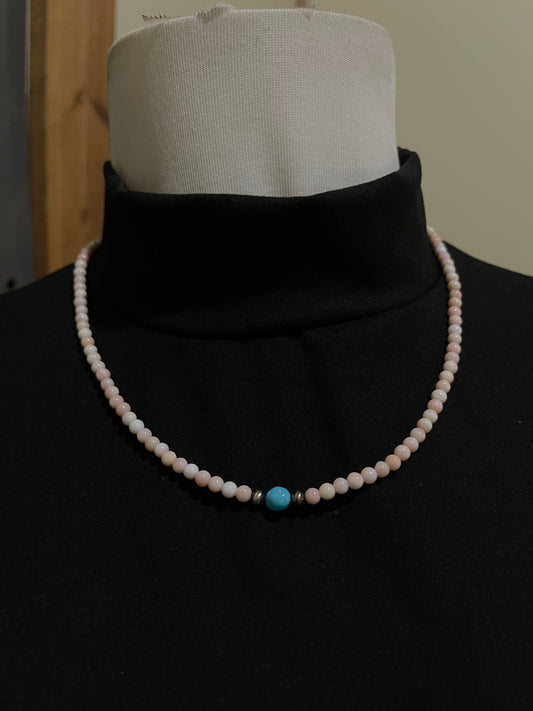 18" 4mm Pink Conch Shell and Turquoise Necklace