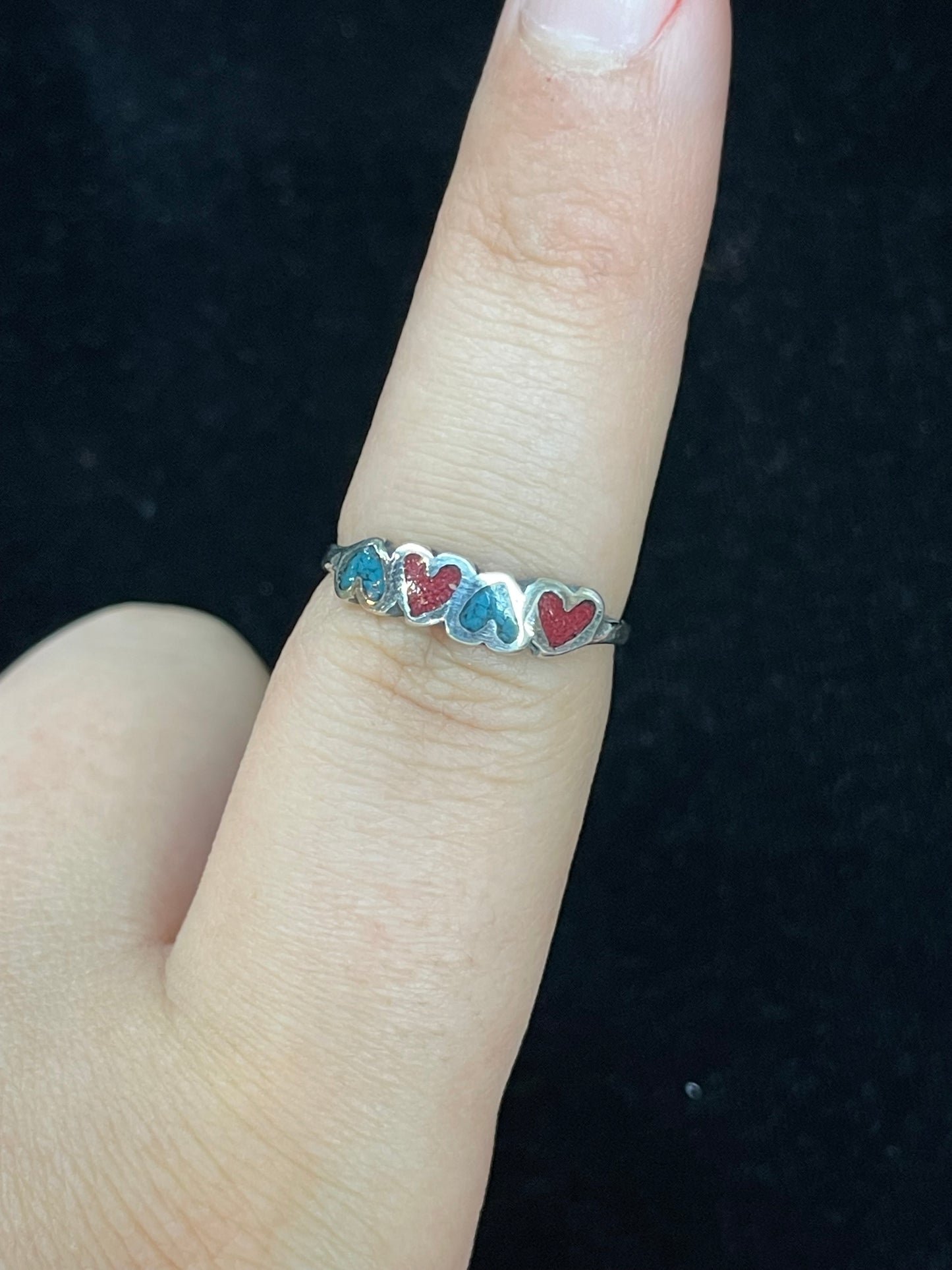 Turquoise and Coral Chip Inlay Heart Ring