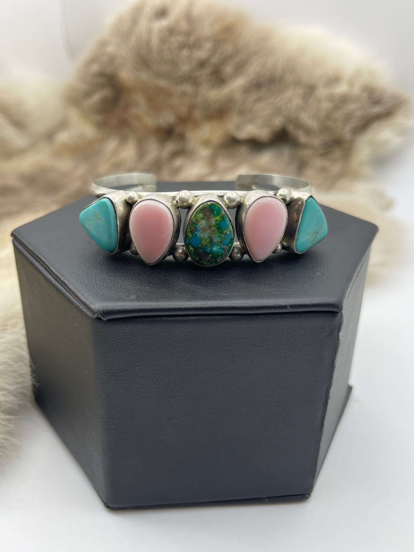 5 Stone Pink Conch & Turquoise Cuff by Augustine Largo, Navajo