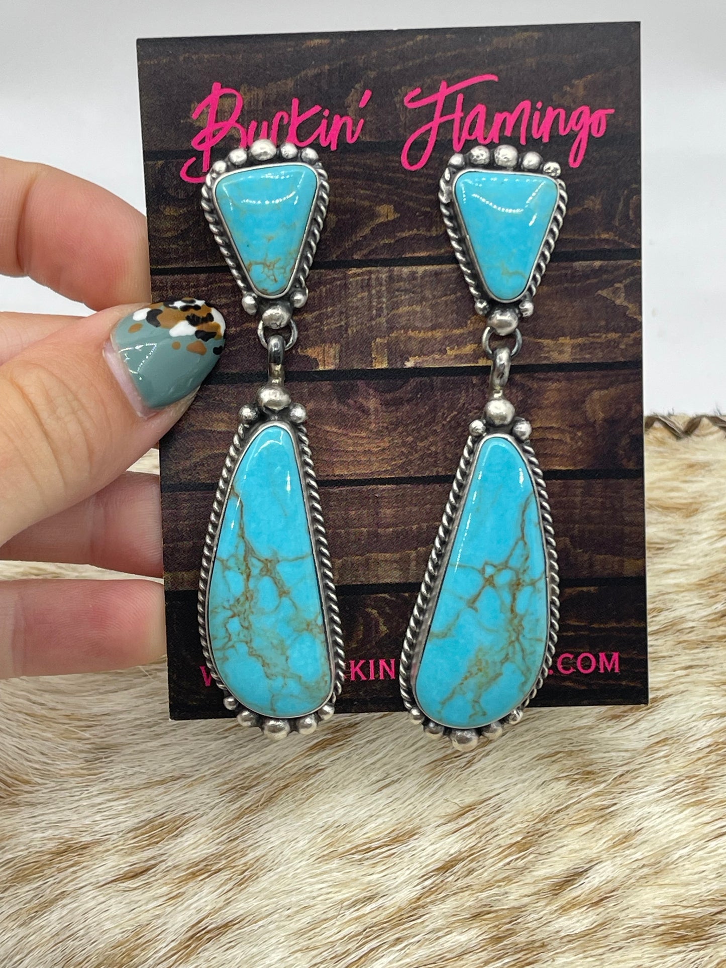 2 Stone Blue Kingman Turquoise Post Dangle Earrings by Elouise Kee, Navajo