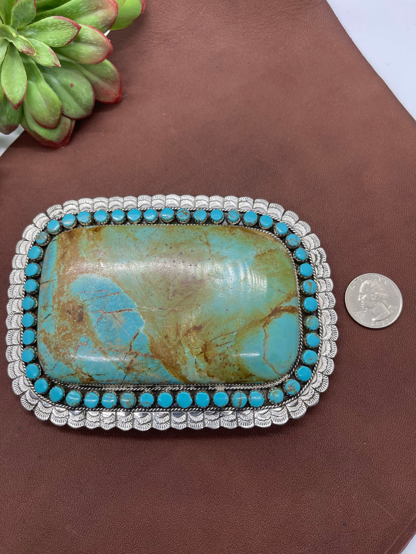 5 1/2"x4" Large Kingman Turquoise Belt Buckle by Larry Etsitty, Navajo