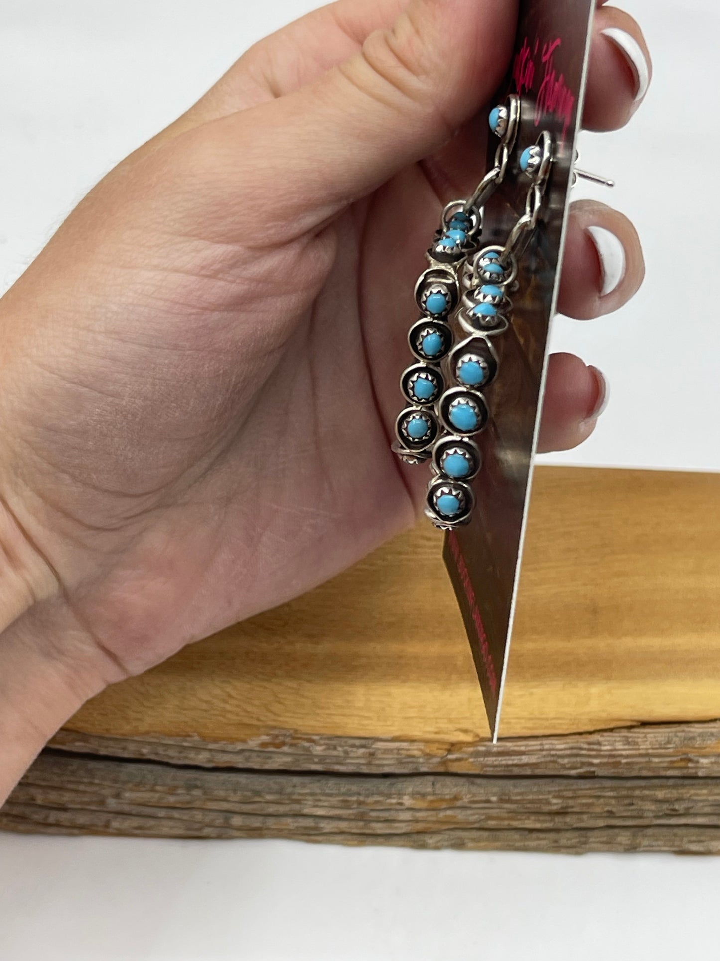 Turquoise Square Picture Frame Post Dangle Earrings by Florenda Lonasee, Zuni