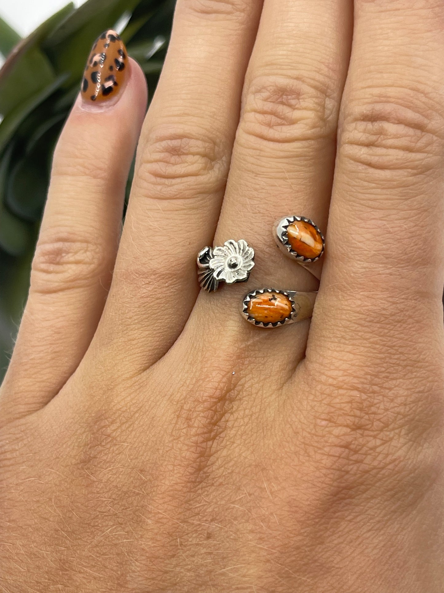Adjustable 2 Stone Orange Spiny Oyster Shell Ring by Robert Martinez, Navajo