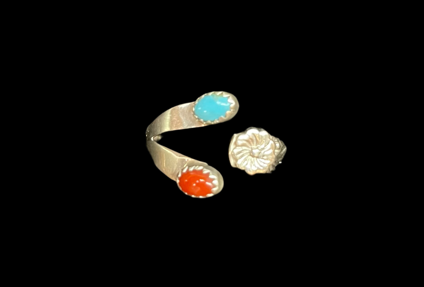 8.0-12.0 Turquoise and Red Coral Adjustable Ring by Robert Martinez, Navajo