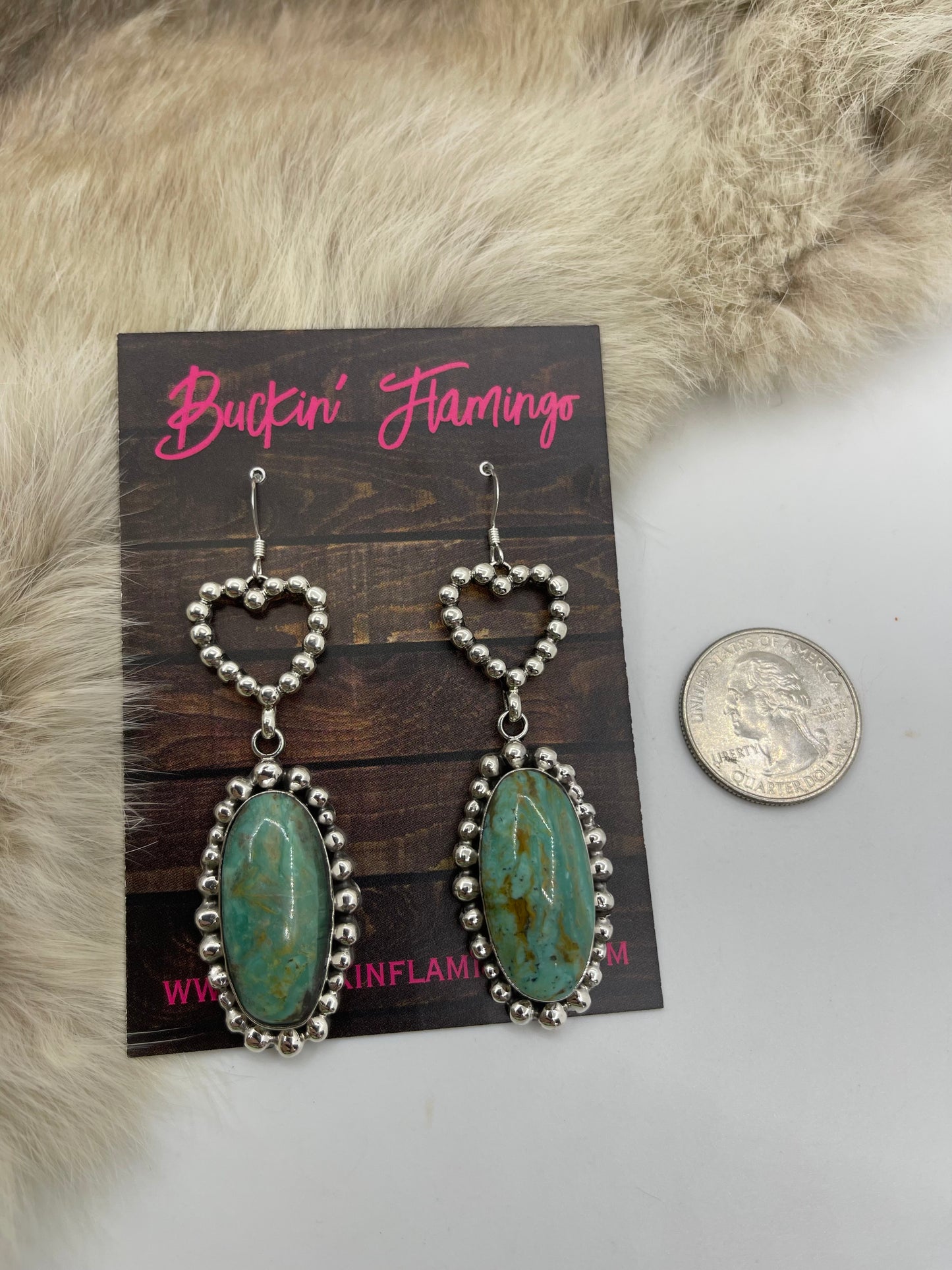 Silver Heart with Green Kingman Turquoise Dangle Earrings