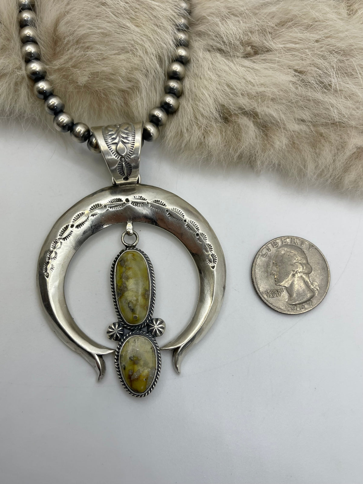 18" 6mm Navajo Style Pearls 2 Stone Palomino Turquoise Naja Pendant by Derrick Gordon, Navajo