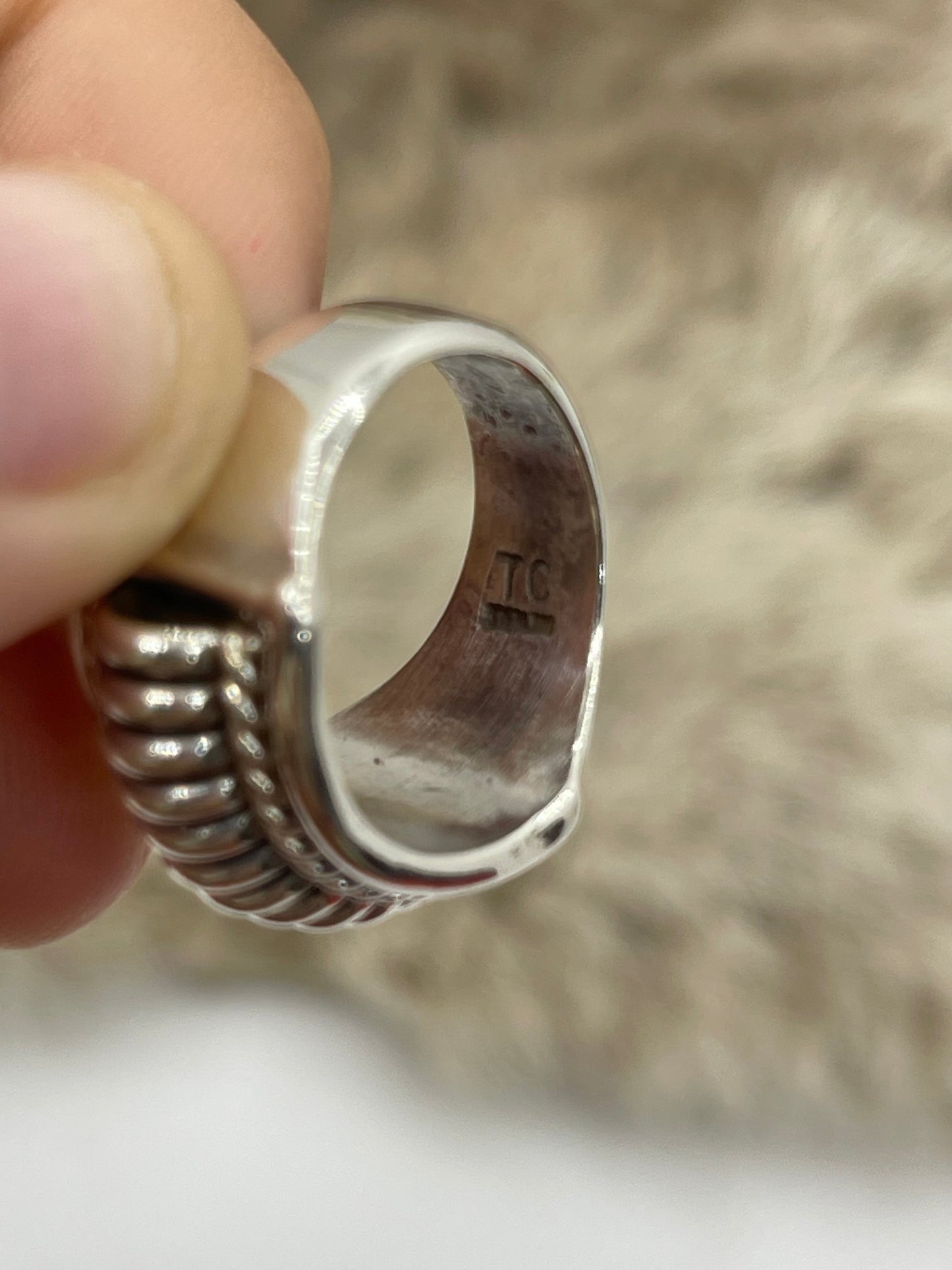 7.0 Ribbed “Water Bead” Design Ring by Thomas Charley, Navajo
