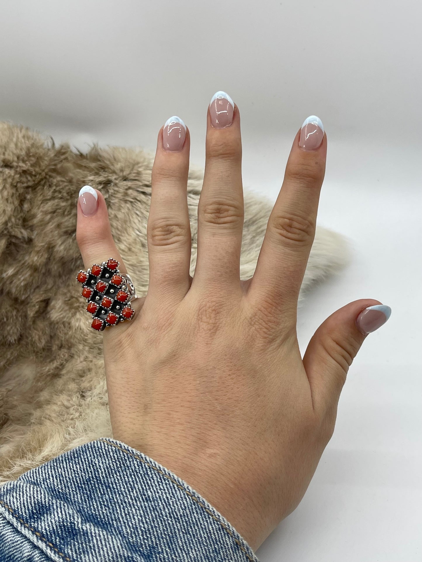 5.0 Red Coral 12 Stone Ring by Verley Betone, Navajo