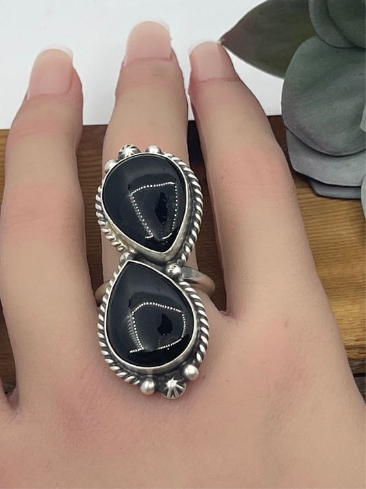 LOT 34 C 9/27 Adjustable 2 Stone Black Onyx Ring by Eugene Belone, Navajo