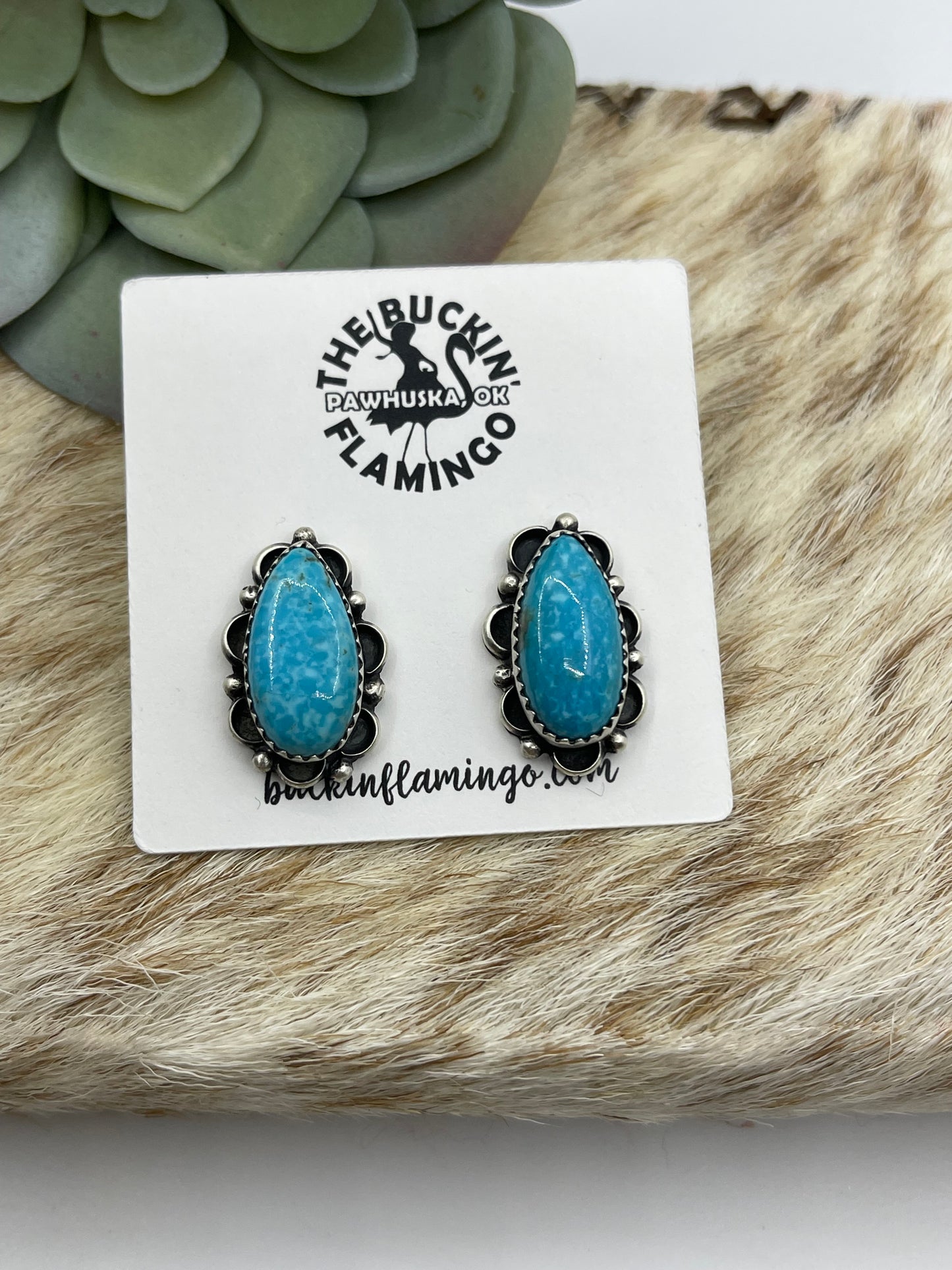 Kingman Turquoise Teardrop Post Earrings by Freda Martinez, Navajo
